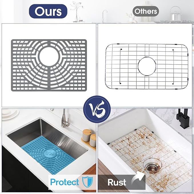 Silicone Sink Protector 19"x13" Rear Drain Hole, Heat Resistant Non-slip Dishwasher Suitable, Sink Mat for Bottom of Farmhouse Kitchen Stainless Steel Sinks(Grey)