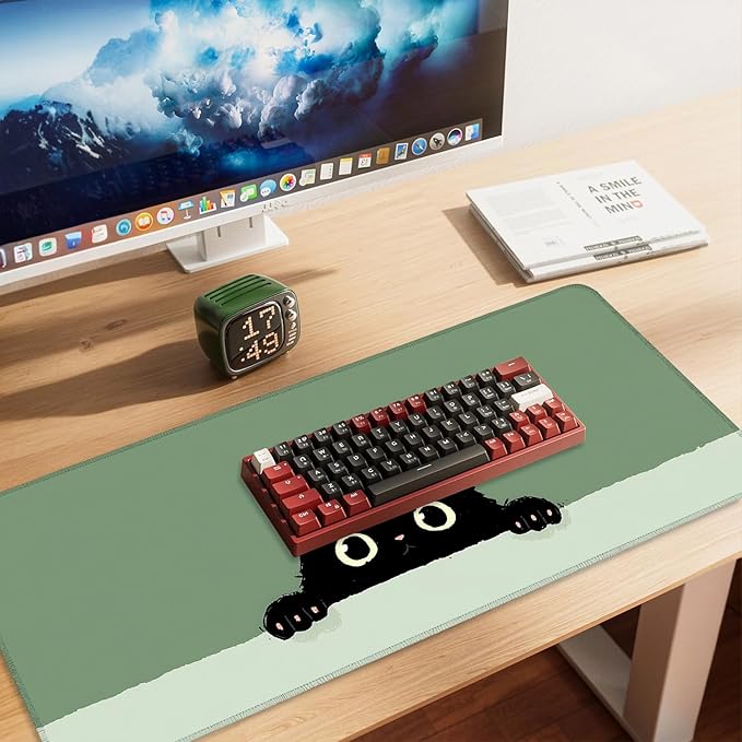 Cute Black Cat Large Mouse Pad – Extended Desk Mat 35.43 x 15.75 in – Kawaii Kitty Peeking Over Edge, Green Background, Non-Slip Rubber Base, Waterproof Keyboard & Mouse Pad for Office or Gaming