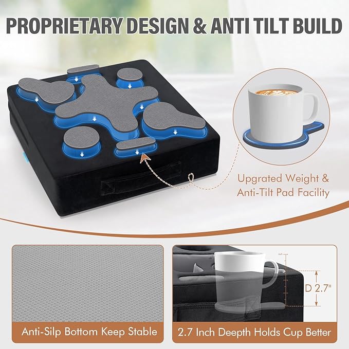 Couch Cup Holder Pillow-Sofa Cup Holder Tray Caddy Cupholder for Bed, Rv, Tv, Car, Man Cave, Backseat for Remote, Drinks, Snacks (Square-Black)