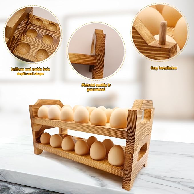 Wooden Egg Holder Countertop, Stackable Egg Storage Trays for 36 Fresh Chicken Deviled Egg Organizer Rustic Kitchen Decoration, Egg Container Rack, set of 2 pieces