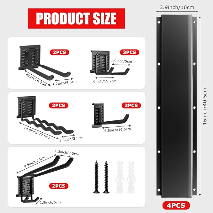 64 Inch Garage Tool Organizers Storage Rack System with 12 Hooks Wall Mount Tool Organizer for Garage Shed Yard Broom Shovel and Power Tool Holder