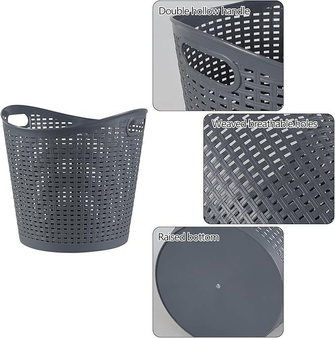 6 Packs 30 Liter Round Plastic Laundry Baskets, Grey Clothes Hamper, Large Basket for Storage