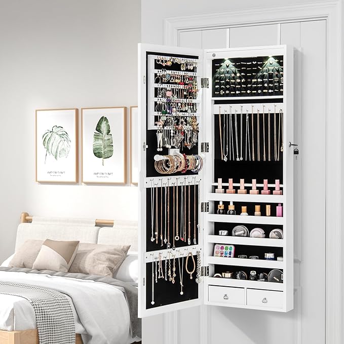 Giantex Jewelry Armoire Wall Door Mounted, Lockable Jewelry Cabinet with 42.5'' Full Length Mirror, 2 LEDs Jewelry Organizer Box with 2 Drawers, Mirror with Jewelry Storage (White)