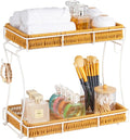 Bathroom Organizer Countertop Perfume Organizer Makeup Organizer Cosmetics Storage Display Rack Vanity Tray, Handwoven Imitation Rattan Tray Perfume Holder for Dresser, Kitchen, Counter (White)