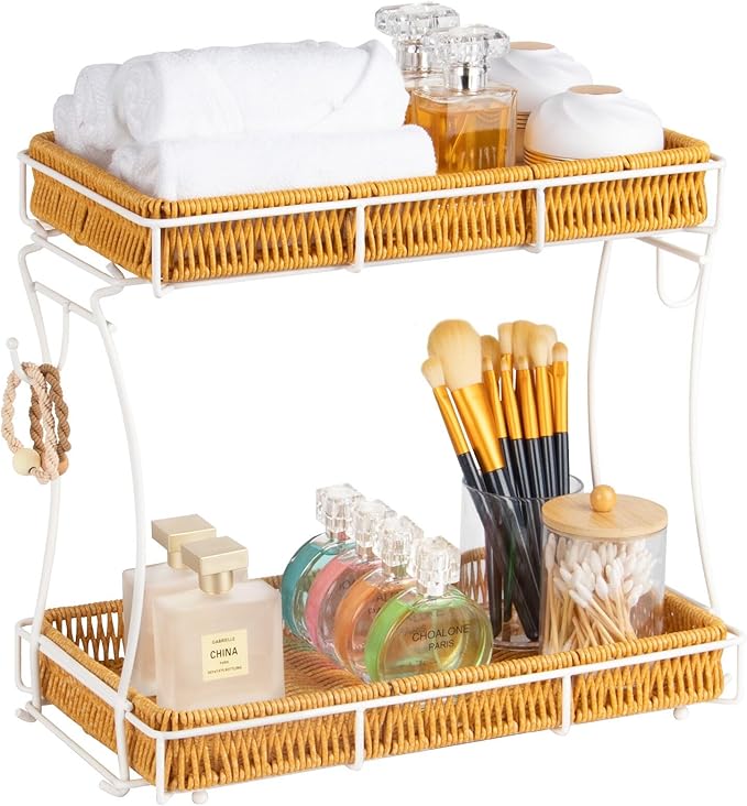 Bathroom Organizer Countertop Perfume Organizer Makeup Organizer Cosmetics Storage Display Rack Vanity Tray, Handwoven Imitation Rattan Tray Perfume Holder for Dresser, Kitchen, Counter (White)