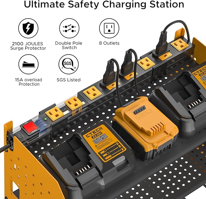 CRST Power Tool Organizer Wall Mount with Charging Station, Cordless Drill Holder with 8-Outlet Power Strip, Modular Garage Organization Storage Rack Shelf, DIY Pegboard, Gift for Men Yellow