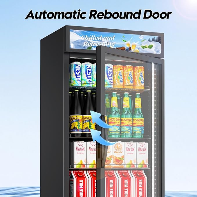 Commercial Beverage Refrigerator with Glass Door, 21.2 Cu.Ft Display Fridge Beverage Cooler with Customizable Lightbox Adjustable Shelves, Drink Fridge Merchandiser for Restaurant Shop, Black