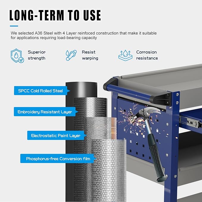 Heavy Duty 3 Tier Tool Cart, Mechanic Metal Rolling Tool Cart with Storage Drawers for Garage Workshop
