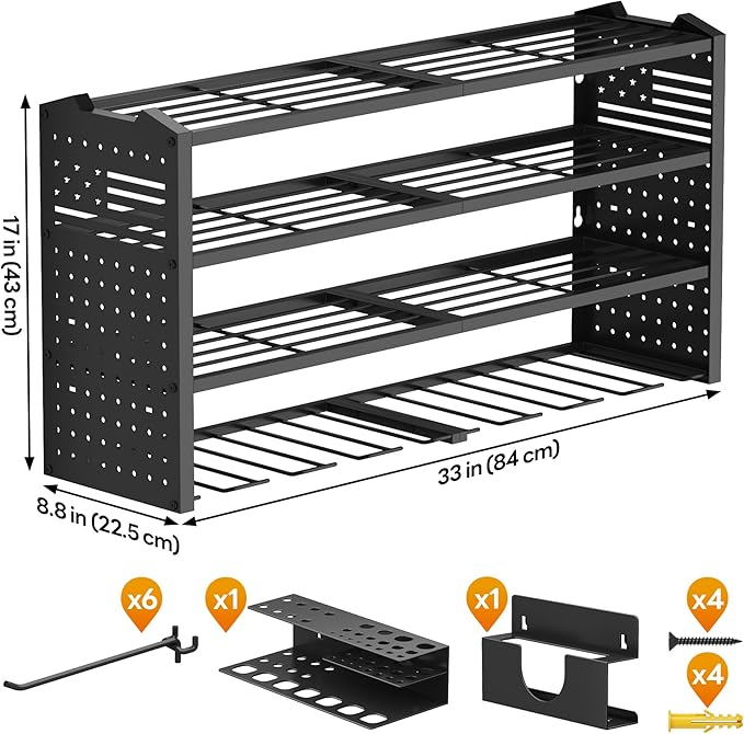 Tomorotec 4-Layer Wall-Mounted Power Tool Storage Rack, Heavy-Duty Steel Drill Organizer with Adjustable Shelves & Side Hooks for Toolbox, Easy Installation Garage & Workshop Storage (Black)