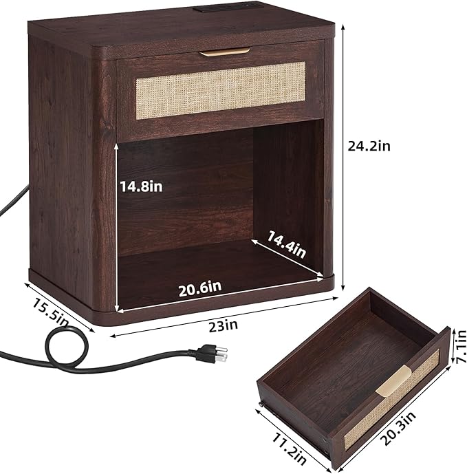 LEYAOYAO Rattan Nightstand with Charging Station, Walnut Night Stand with Drawer, 23" Wide Boho Bedside Table with Storage Shelf, Bed Side End Tables for Bedroom, Living Room, Hallway