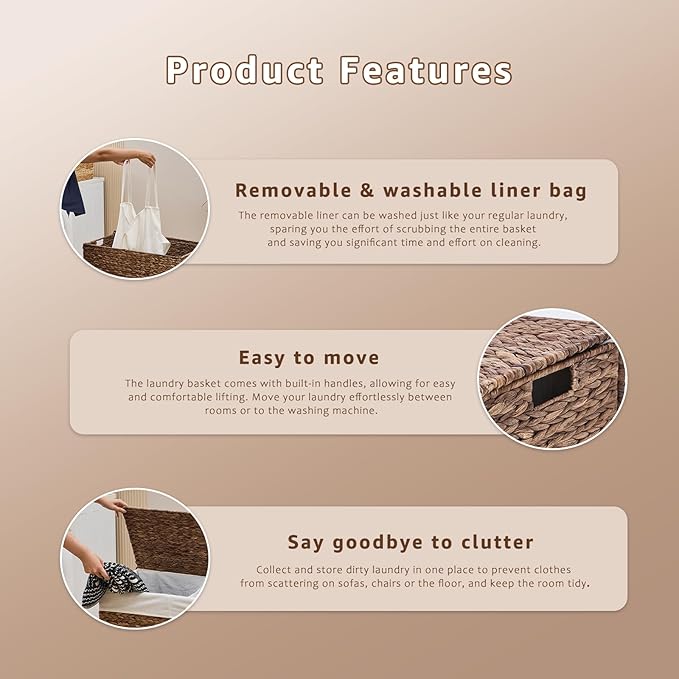Laundry Hamper with Lid and Removable Liner Bag, Handwoven Natural Hyacinth Clothes Hamper with Heightened Feet, Wicker Laundry Basket for Clothes and Towels，Large, 2-sections