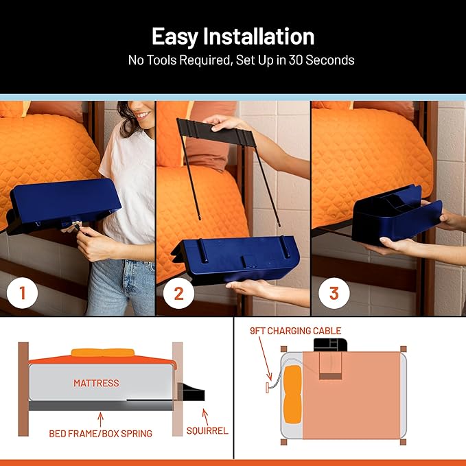 Squirrel-Bedside Perch, Floating Organizer with USB-C & A Charging Ports, Sturdy, Easy to assemble, Bedside Caddy, Christmas Gifting for teens, Gifts for college freshman, Dorm room gifts, Blue