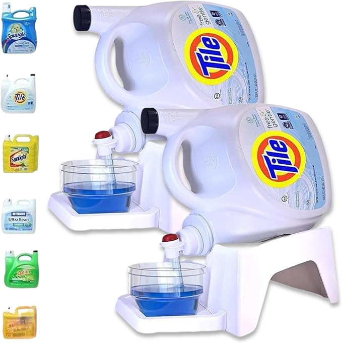 TidyFriend 2 Pack Laundry Detergent Dispenser with Tray, Laundry Soap Dispenser with Non-Slip Rubber Feet for Washing Room Organization, Easy Pour (White)