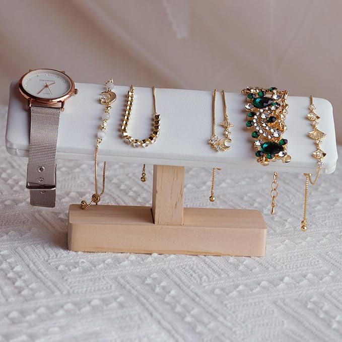 Wooden Watches Display tower Base Watch Necklace Bracelet Organizer Rack Bangle Scrunchie Headband Showcase tower (White PU, Flat single-layer)