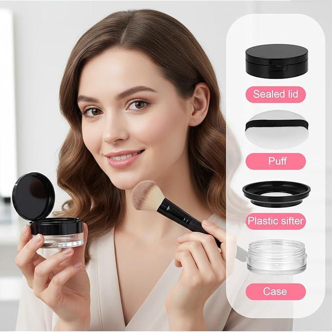 2 Pcs Loose Powder Containers, 0.7/0.17 Ounce Foundation Container Portable Empty Travel Makeup Containers Reusable Powder Puff Case with Puff Mirror Net Sifter for Women Travel Daily Carrying