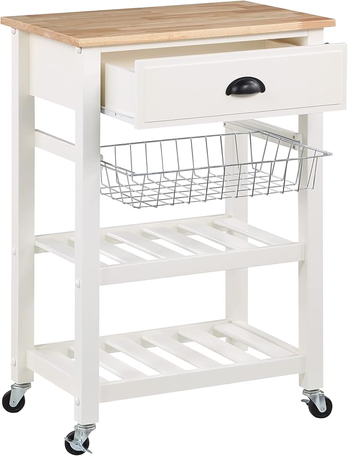 OSP Home Furnishings Hampton Kitchen Cart with Wood Top, Utensil Drawer, Under Cabinet Basket, and 2 Slatted Shelves, White Base
