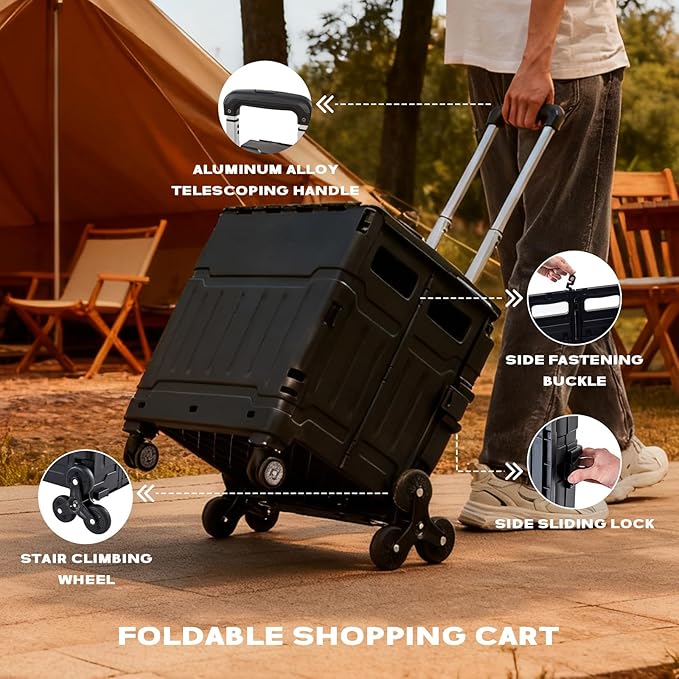 Utility Cart Teacher Cart with Stair Climbing Wheels Foldable Shopping Cart, with Telescopic Handle, Ideal for Outdoor Home Use and Teacher/Student Book Storage. (Black, Large)