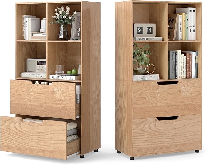Giantex Bookshelf with 4 Cubes & 2 Drawers, 51” Tall Floor Bookcase with Anti-tip Kits, Freestanding Display Rack Storage Organizer for Study, Living Room, Home Office (2, Natural)