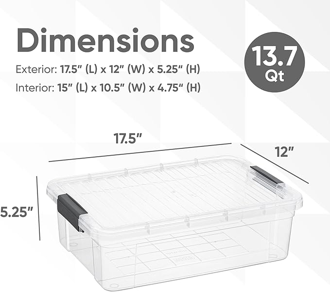 Superio Clear Storage Boxes with Lids, 13.7 Quart Plastic Container Bins for Organizing, Stackable Crates, BPA Free, Non Toxic, Odor Free, Organizers for Home, Office and Dorm, 6 Pack