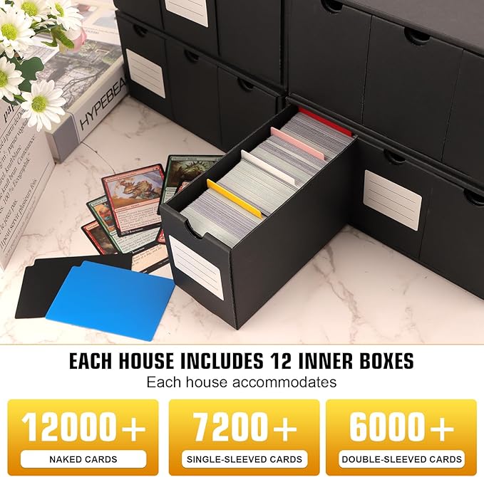 Trading Card Storage Box, Includes 12-600 CT Boxes & 48 Card Dividers, 12000+ Trading Card Organizer for Collectible Card Games, for TCG, MTG, PTCG, Baseball Cards, with Labels & Tapes