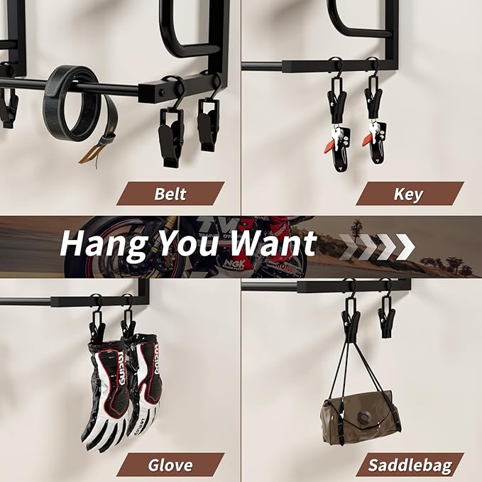 Motorcycle Helmet Rack with 6 J-hooks& 6 Clip Hooks – Wall Mounted Helmet Holder Stand for 6 Helmets, Riding Suits & Accessories, Sturdy Construction Storage Organizer for Entryway or Garage