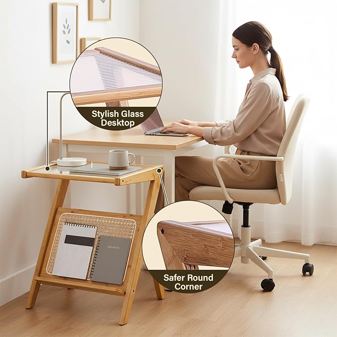 Tiita Rattan Side Table, Mid Century Nightstand, Bamboo Accent Bedside Tables, Glass Coffee Tables, Boho Wooden End Table with Storage for Small Space, Living Room and Bedroom
