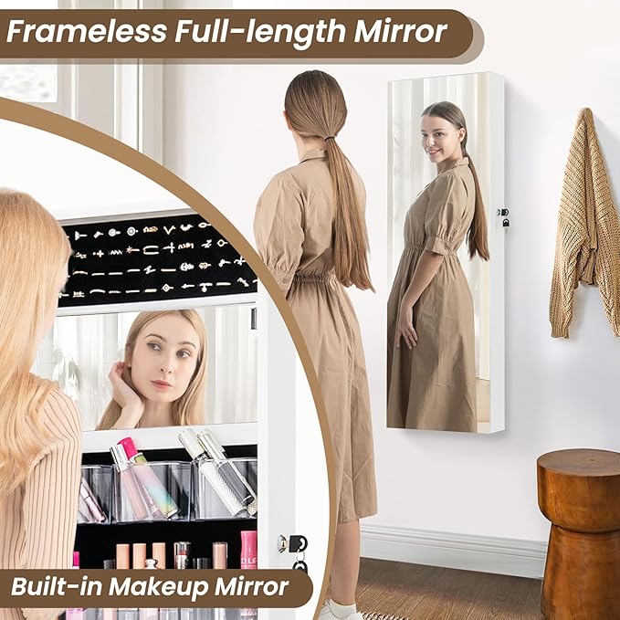 CHARMAID Jewelry Cabinet Wall or Door Mounted, Hanging Lockable Jewelry Armoire Storage with Full Length Mirror, Interior Makeup Mirror, Over the Door Jewelry Organizer Box with Mirror (White)