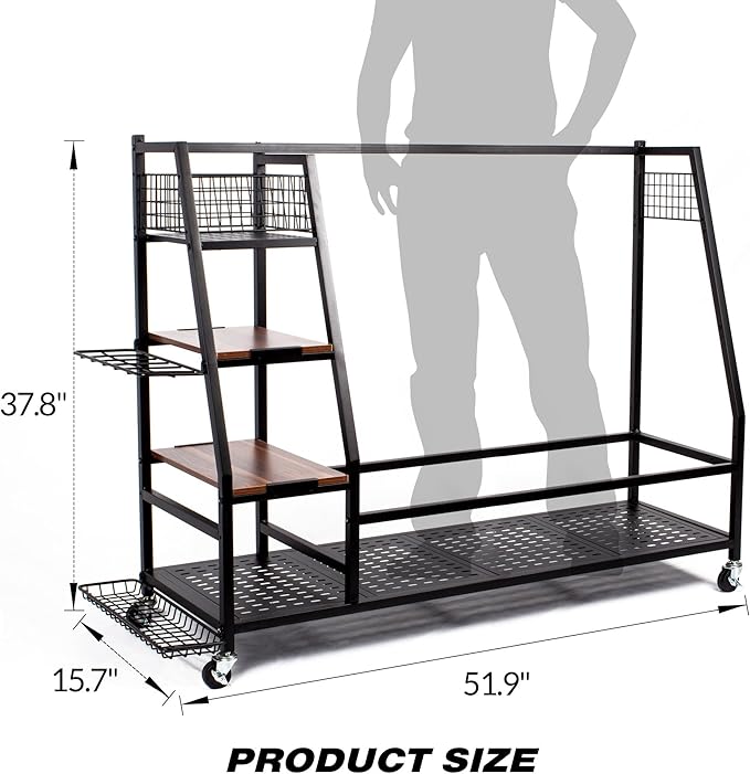 Golf Bags Storage Garage Organizer, Golf Bag Rack Fits 2/3 Golf Bags and Golf Equipment Accessories, Golf Club Storage Stand with Wooden Shelf and Lockable Wheels for Garage Indoor Basement