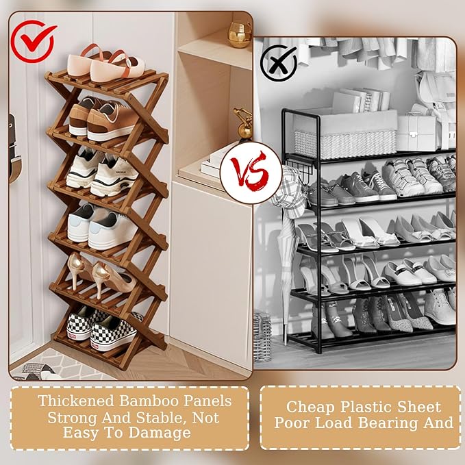 Comeon Bamboo Shoe Rack, Foldable Vertical Shoe Rack for Front Door Entrance Narrow Shoe Organizer Small Shoe Shelf for Entryway Shoe Storage Closet Multi-Tier (Brown Colors,6 Layers)