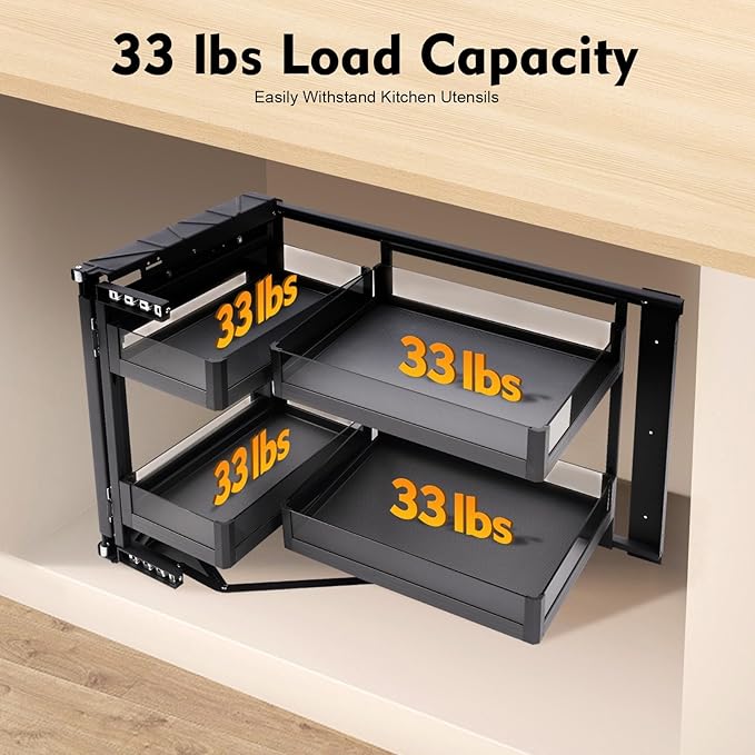 Blind Corner Cabinet Pull Out Organizer, 14 Inch 2 Tiers Pull Out Shelf with 4 Tempered Glass Baskets, 33 lbs Capacity per Basket, Adjustable Kitchen Storage for Corner Cabinet