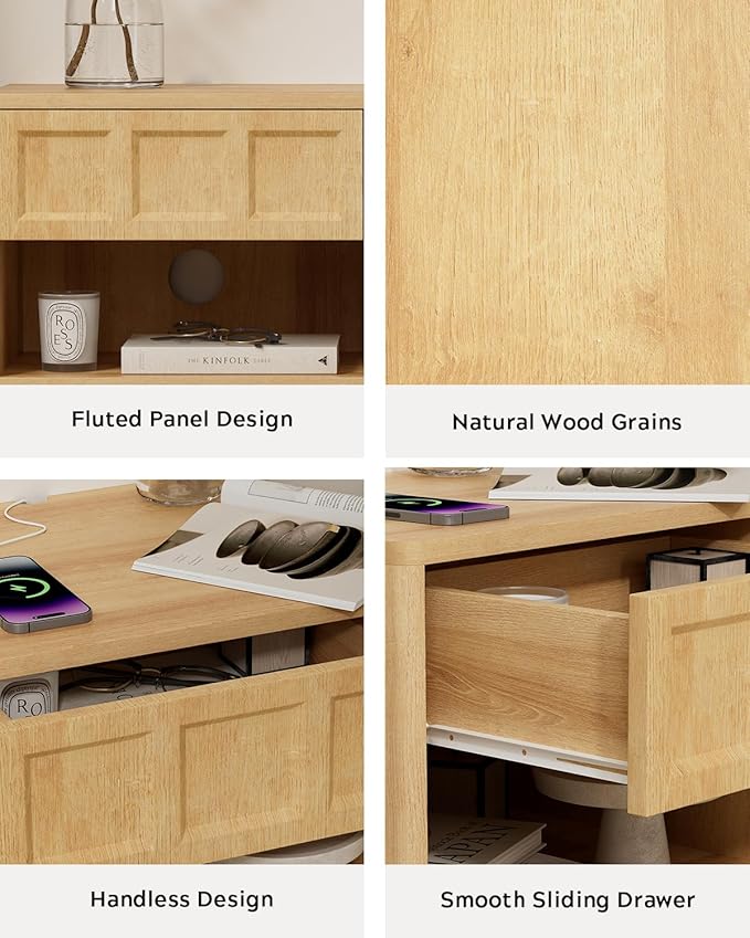 Floating Nightstand Set of 2, Wall Mounted Bedside Table with Storage Drawer and Open Shelf, Modern Night Stand with Curved Corners for Living Room, Bedroom, Dorm, Natural Oak