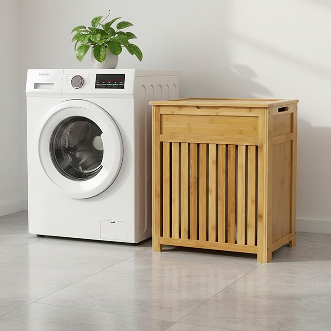 Redmon Bamboo Top Load Full Size Clothes Hamper, Side Handles, Double Hinged Lid and Decorative Stop