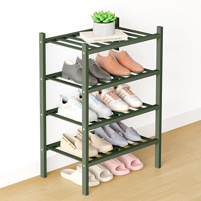 Smiry Bamboo Shoe Rack for Closet, 4 Tier Small Wooden Stackable Shoe Organizer, Free Standing Shoes Storage Shelf for Entryway, Front Door Entrance, Green