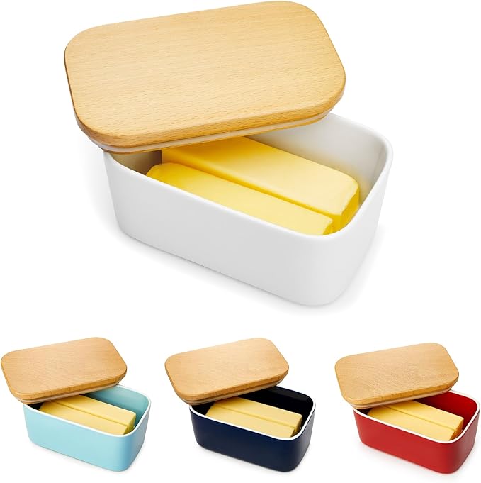 Sweese Large Butter Dish - Airtight Butter Keeper Holds Up to 2 Sticks of Butter - Porcelain Container with Beech Wooden Lid, White