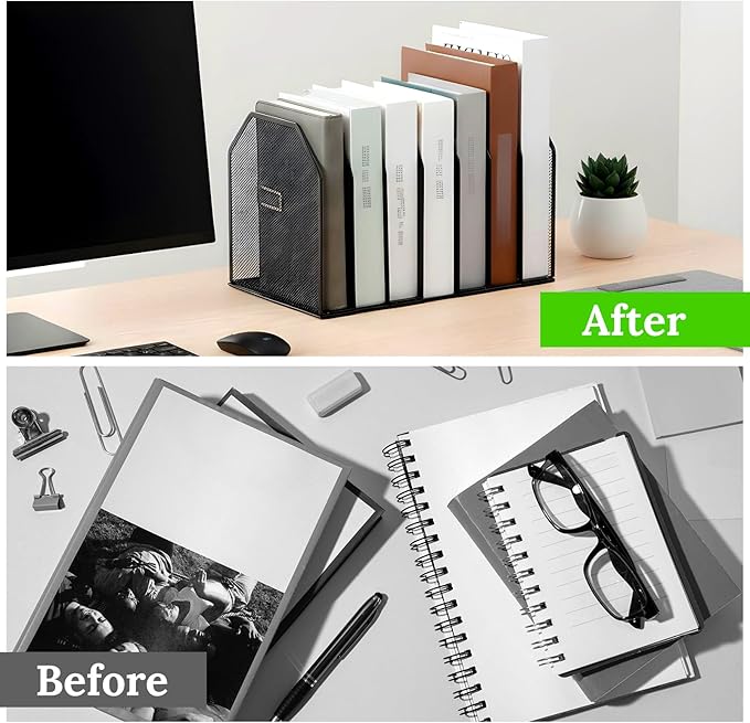 Metal Mesh File Organizer, Adjustable 7 Section Vertical Desk File Holder, Black Office Heavy-Duty Document Sorter for Books Binders, Laptops