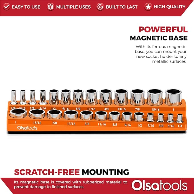 Olsa Tools Magnetic Socket Organizer | 3/8-inch drive | SAE Orange | Holds 26 Sockets | Professional Quality Tools Organizer