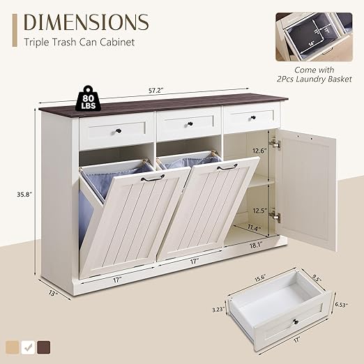 Triple Tilt Out Trash Can Cabinet, 20 Gallon Farmhouse Laundry Hamper Cabinet w/3 Drawers & Adjustable Shelf, Hidden Wooden Trash Can Cabinets with Storage Basket for Kitchen (Antique White)