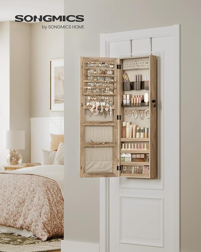 SONGMICS Mirror Jewelry Cabinet Armoire, Wall or Door Mounted Jewelry Storage Organizer, Hanging Lockable Frameless Mirror Cabinet with 2 Cosmetic Organizers, Christmas Gift Idea, Toasted Oak Color