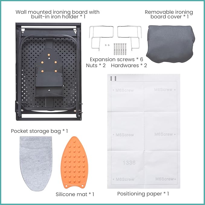 Wall Mounted Ironing Board with Iron Holder, 36 X 13 Compact Mount Foldable Ironing Board for Small Spaces, Space Saving with Cotton Fabric Cover and Silicone Iron Rest