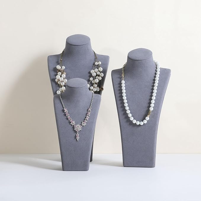 GemeShou Grey necklace storage organizer for sale, Velvet necklace holder stand, jewelry bust display stands, Jewelry Mannequin for Countertop, Showcase【Grey-Small height 7.68 inch】