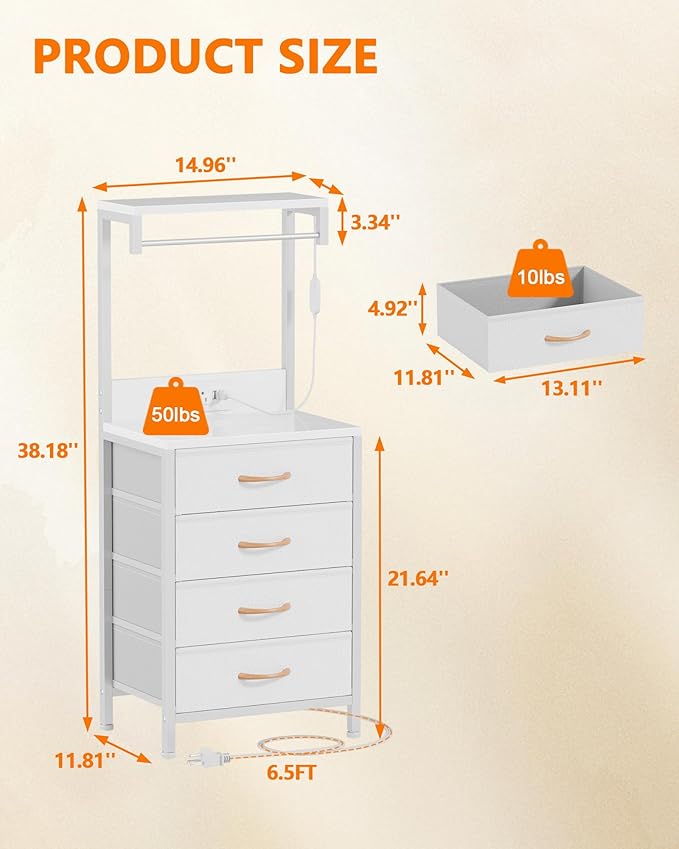 Furnulem White Nightstand, 38 inches Tall Night Stand with Charging Station and LED Lights, Bedside Table for Bedroom, Office, Hallway, 4 Fabric Drawers, Metal Frame, Wood Shelves