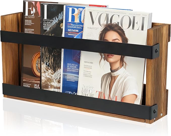 Wood Magazine Holders Wall & Bathroom Magazine Rack, Pine Wood + Black Metal Wall Magazine Holder for Magazines, Books – Mountable or Freestanding Organizer
