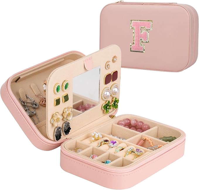 TopPerfekt Travel Jewelry Case Travel Jewelry Box With Mirror, Jewelry Organizer Bridal Shower Gifts To Her, Earring Travel Case, Trendy Gift for Women and Girls (F, Pink)