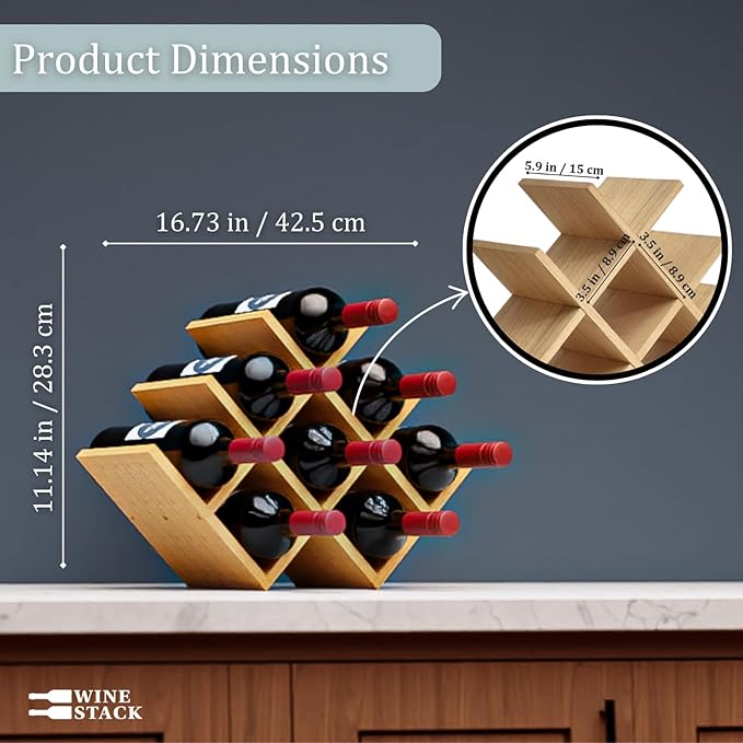 8 Bottle Bamboo Small Wine Rack for Countertop, No Tools Assembly, Modern Lattice Design, Durable, Wine and Liquor Bottle Storage for Small Spaces