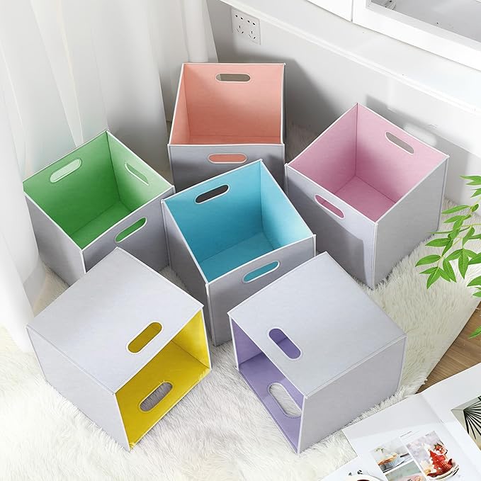 6 Pcs 11 Inch Colorful Felt Storage Cubes with Handle, Collapsible Fabric Storage Cubes Toy Bins Foldable Baskets for Nursery, Playroom, Kids Room, Toys, Books, Clothes(Gray-macaron)