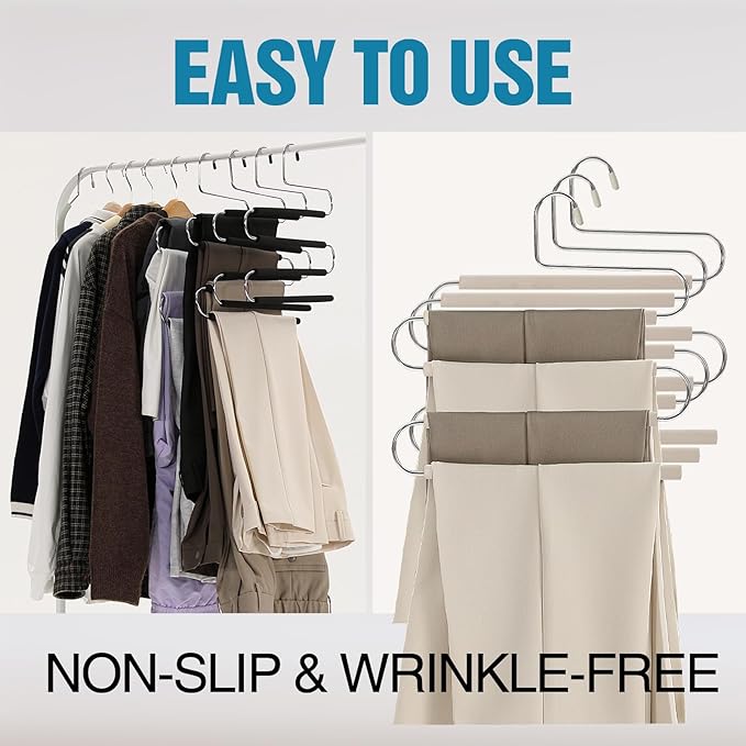Multiple Space Saving Non Slip Foam Padded Pants Hangers 4 Tier Steel Open Ended No Creases Tiered Beige 3 Pack
