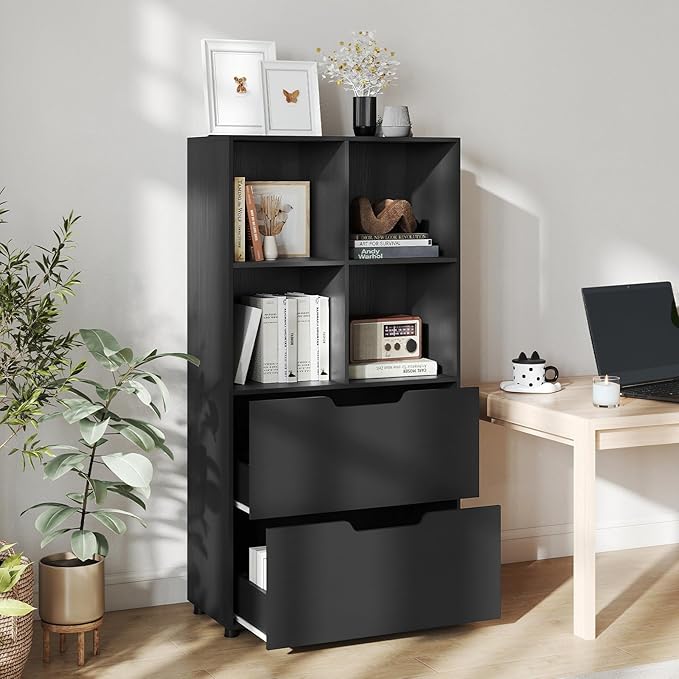 GOFLAME 4-Tier Bookcase with 2 Drawers, 51” Tall Bookshelf with 4-Cube Open Shelf, Wood, Modern, Freestanding Display Storage Organizer Shelf for Living Room, Home Office (2,Black)