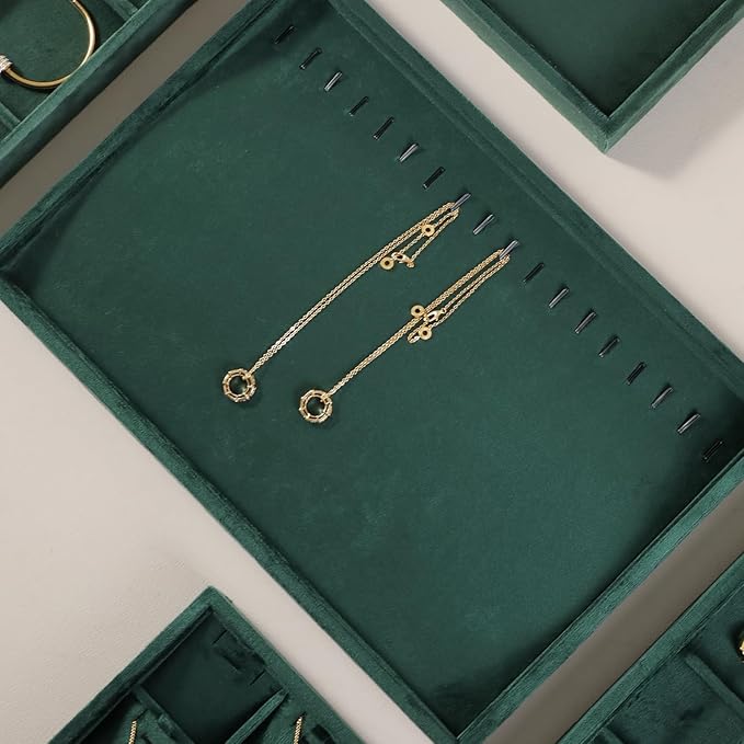 Velvet Jewelry Display Tray For Bracelet Pendant Necklace, Multi-Slot Stackable Storage Tray For Long Chain Jewelries, Drawer Insert Jewelry Organizer (Green)