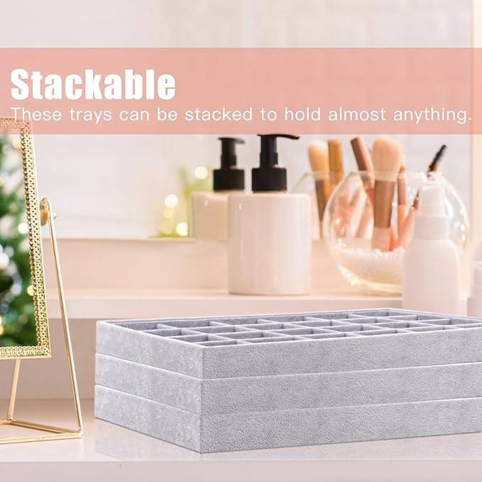 Rocutus Jewelry Trays,3 Pack Stackable Velvet Jewelry Organizer Tray Drawer Jewelry Storage Tray,Divided Ring Organizer Tray for Earrings, Necklaces, Bracelets,13.8"x9.5"x1.2" (Grey)