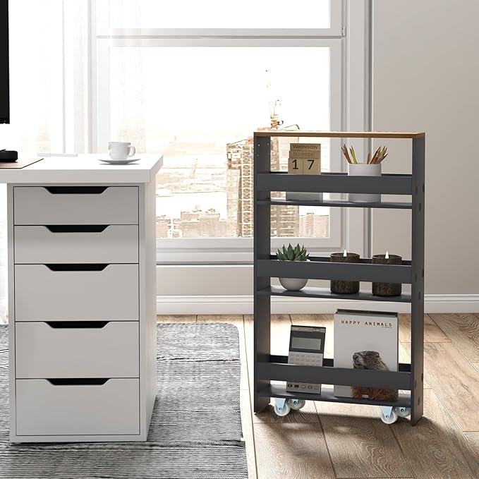 Slim Rolling Storage Cart, 4 Tier Narrow Kitchen Cart with Wheels, Between Washer and Dryer Cart, Wood Shelving Unit Organizer w/Handle for Small Spaces (Grey & Natural, 5-Inch)